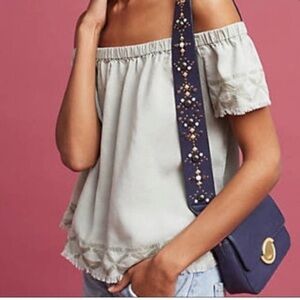 Cloth & Stone Anthropologie NEW Cold Shoulder Green Embroidered Fringe Top S